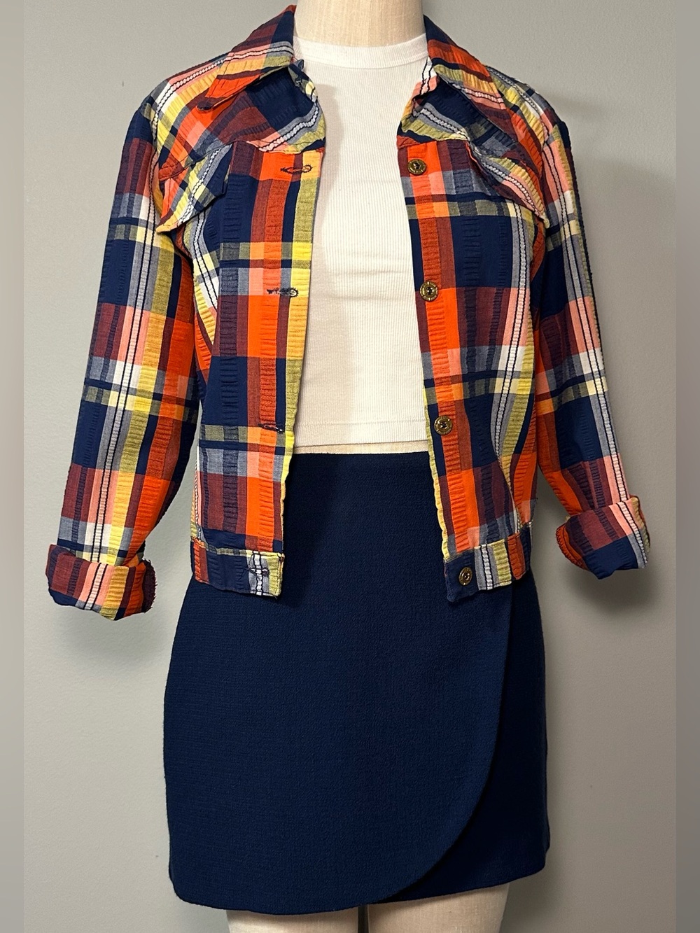 Vintage Plaid Jacket in Navy, Red/pOrange & Yellow
